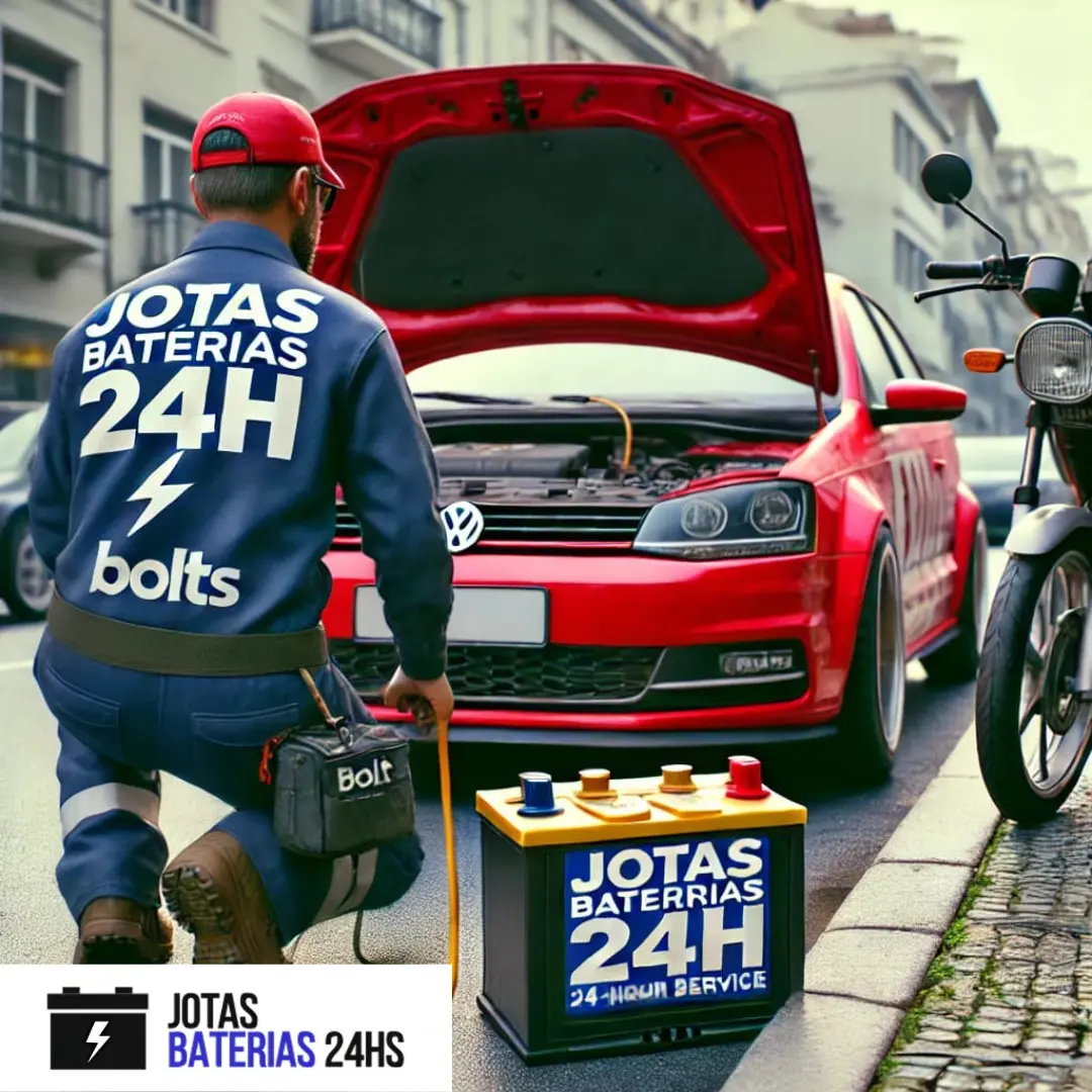 Técnico da Jotas Baterias 24H instalando uma bateria Bolt em um Gol vermelho na Zona Sul de São Paulo.